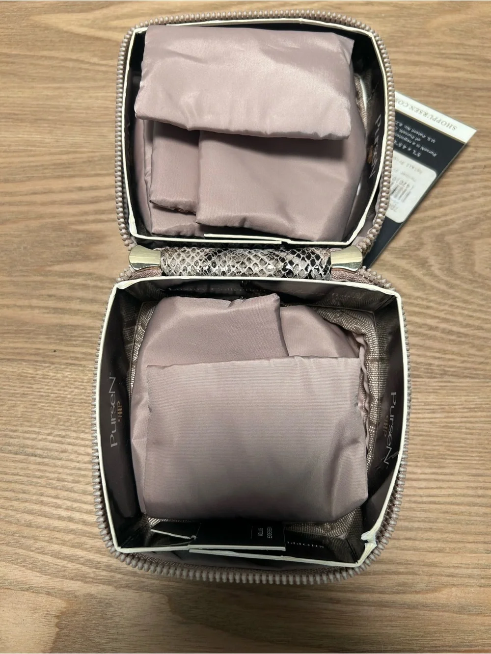 PurseN Snake-Print Cosmetic Case in Brown and Beige with Gold Accents